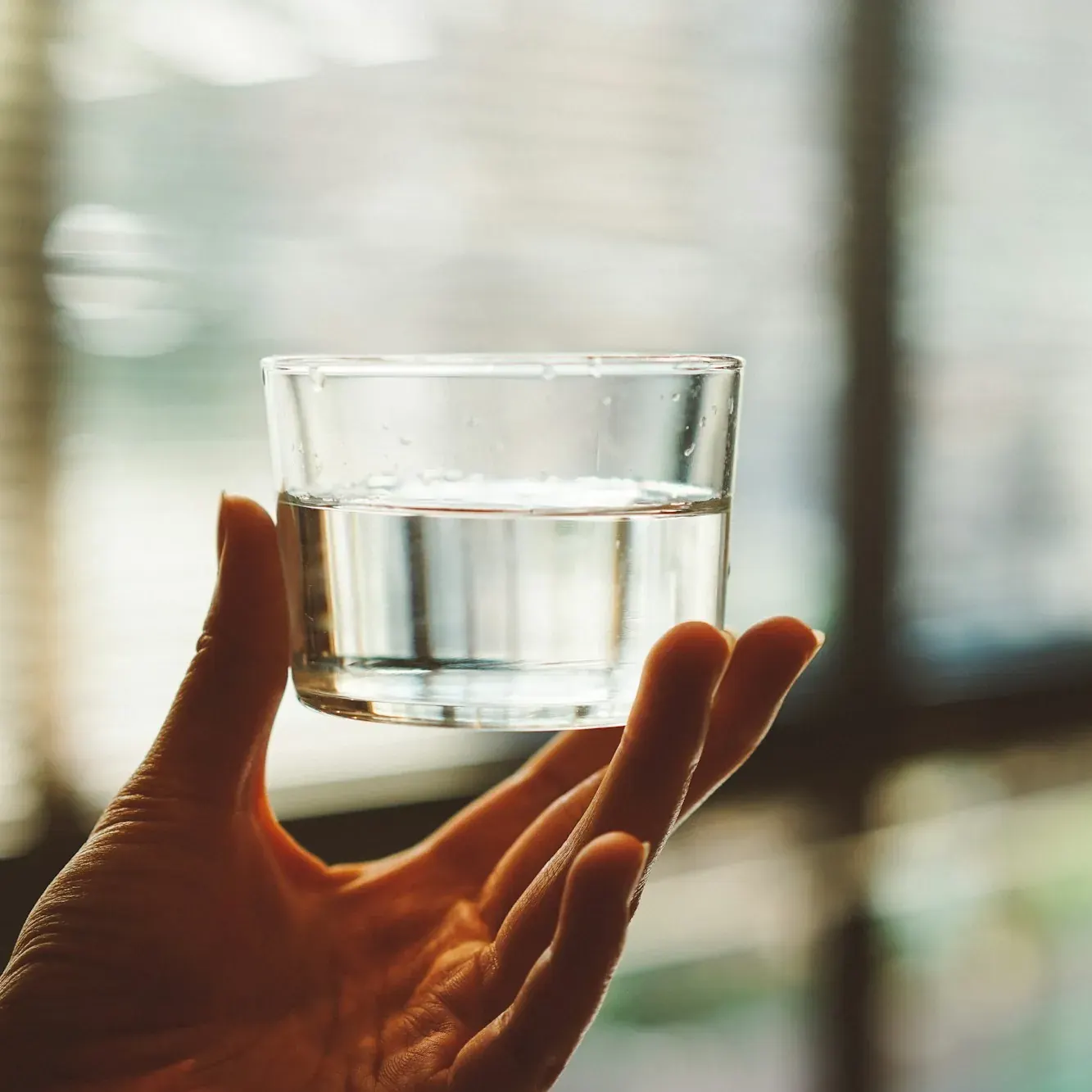 Hands holding a clear glass of water in soft window light